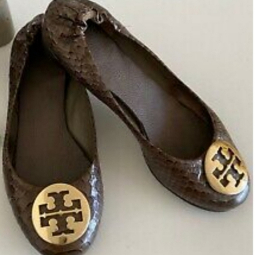 Tory Burch Snakeskin Leather Women's Size 8.5 Brown Gold Logo